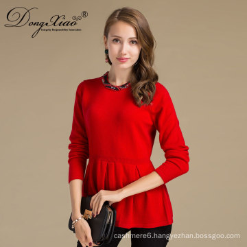 Round Neck Long Sleeve Flat Knitted Red Color Woman Wool Sweater For China Factory